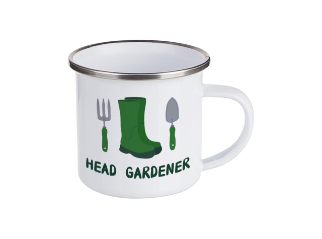 white enamel garden mug with the design of welly boots and gardening tools for the head gardener